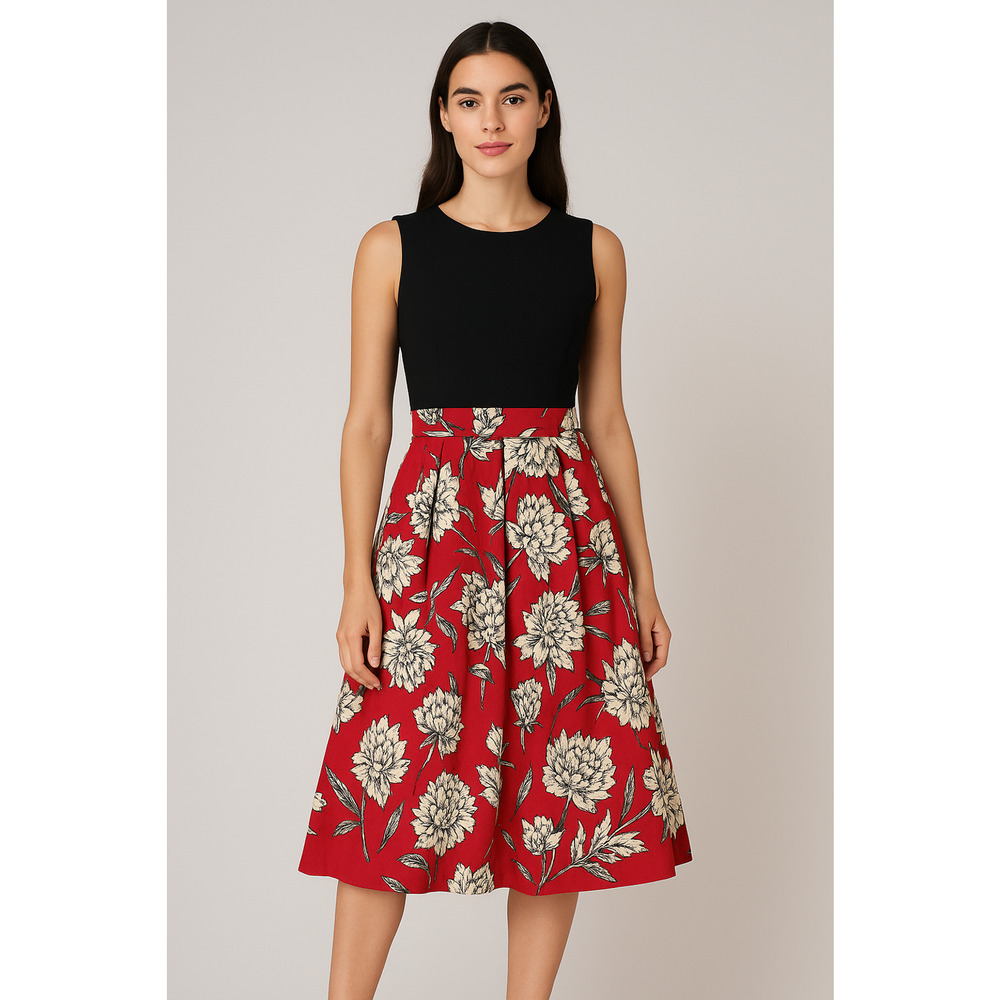 Closet London Dress Womens 12 Red Floral Pleated‎ Retro Pinup Modest Cocktail